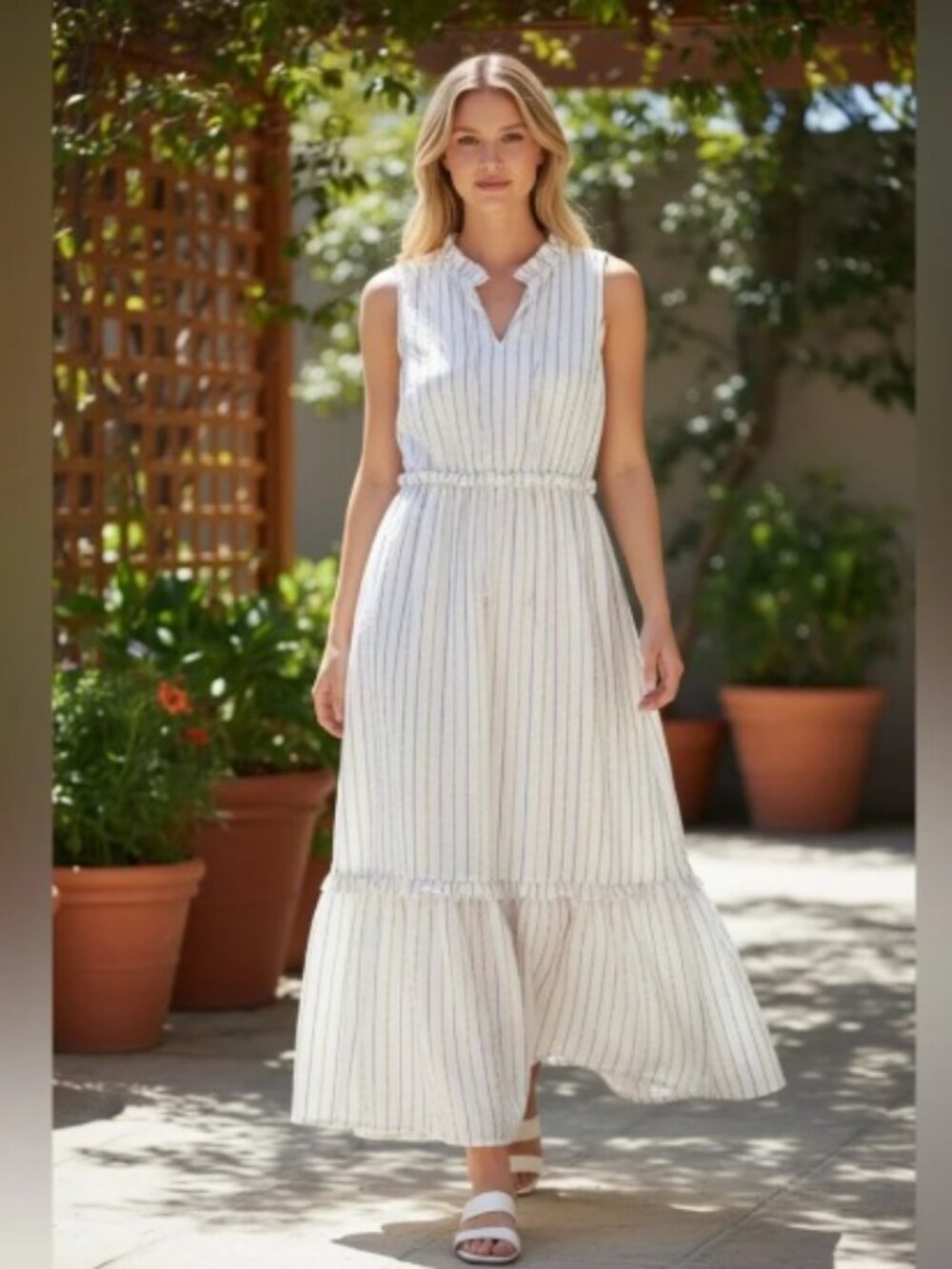 J Crew Hamptons White Shimmer Stripe Ruffle Midi Dress S